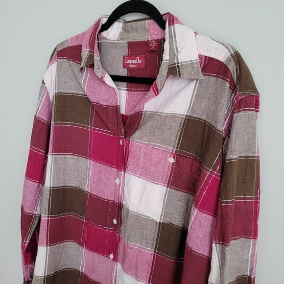 Vintage 90s Cotton Brown Cream Pink Checks Metallic Thread Button Down Shirt - Picture 6 of 7